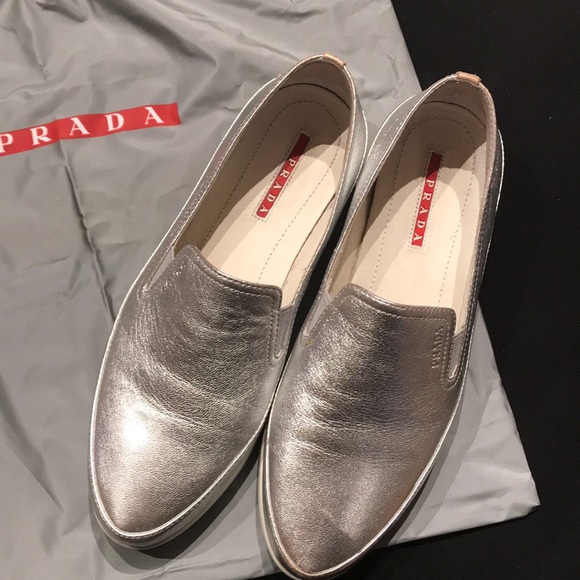 Prada Metallic Silver Slip-On Sneakers - Picture 2 of 6